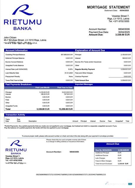 Download Latvia Rietumu Banka mortgage statement Word and PDF template Photoshop template